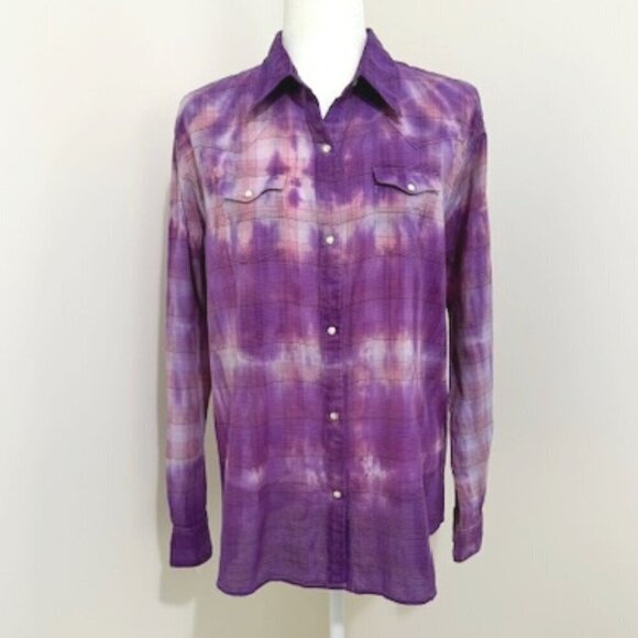 Wrangler Tops - Wrangler Purple Plaid Tie-Dye Pearl Snap Western Rodeo Shirt Women's Size XL